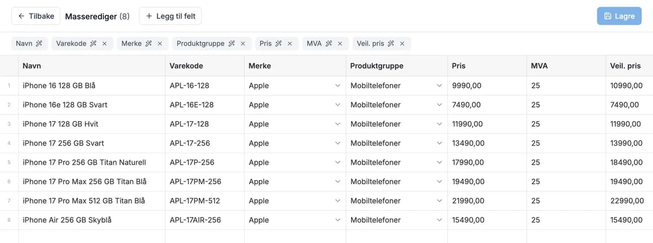 Masserediger-rutenettet i Atlas med åtte iPhone-modeller på rad. Kolonnene Navn, Varekode, Merke, Produktgruppe, Pris, MVA og Veil. pris er fylt ut, og kolonnevelgeren over rutenettet viser hvilke felt operatøren har tatt med.