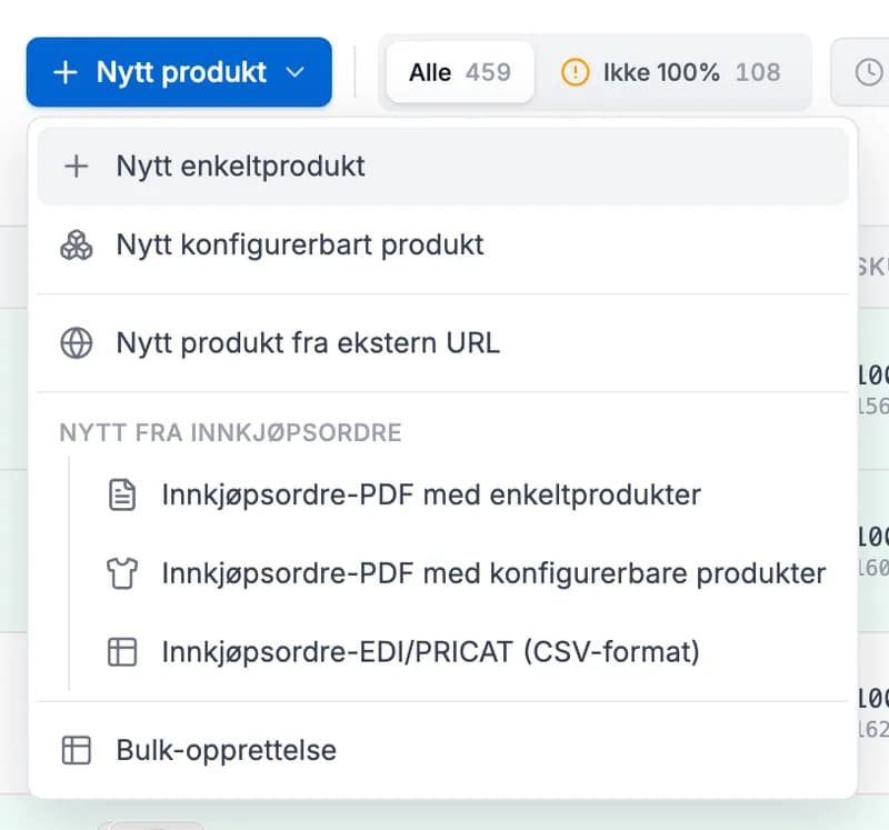 Menyen «Nytt produkt» i Atlas: nytt enkeltprodukt, nytt konfigurerbart produkt, nytt produkt fra ekstern URL, innkjøpsordre-PDF med enkeltprodukter eller konfigurerbare produkter, innkjøpsordre-EDI/PRICAT i CSV-format, og bulk-opprettelse.