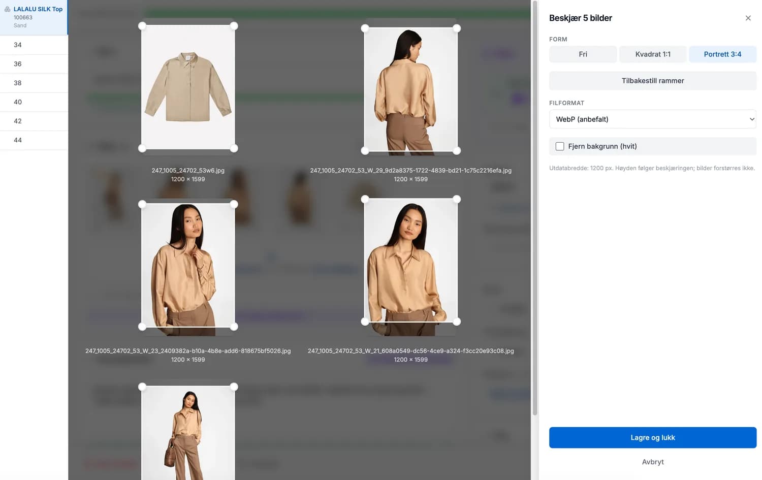 Bilde-editoren i Atlas: fem produktbilder beskjæres samtidig i formatet Portrett 3:4, med valg for filformat WebP og fjerning av bakgrunn.