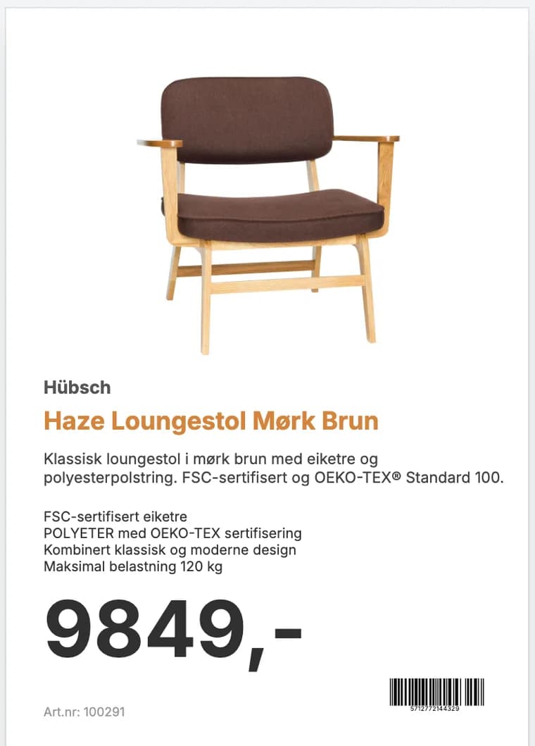 En ferdig helside-plakat fra Atlas: produktbilde av en loungestol, merket Hübsch, produktnavnet i kjedens oransje merkefarge, en kort beskrivelse med fire punkter, prisen 9849 kroner i stort, artikkelnummer og strekkode.