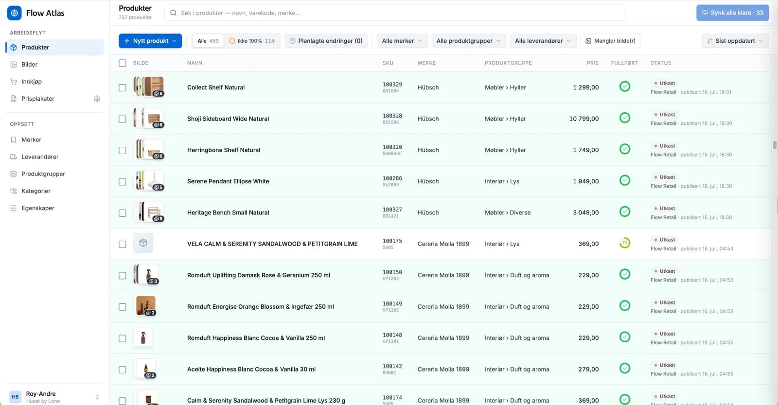 Produktlista i Atlas med 727 produkter: bilde, navn, varekode, merke, produktgruppe, pris, fullføringsgrad og publiseringsstatus mot Flow Retail på hver rad.