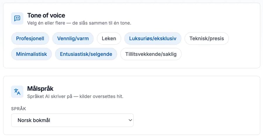 Innstillingene for tekst og tone i Atlas: tonevalgene profesjonell, vennlig/varm, luksuriøs/eksklusiv, minimalistisk og entusiastisk/selgende er slått på, og målspråket er satt til norsk bokmål.